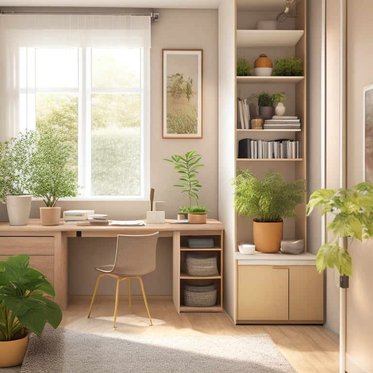 A clutter-free, minimalist room with a murphy bed, foldable desk, and hidden shelving units, featuring a neutral color palette, natural light, and a few potted plants.