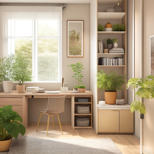 A clutter-free, minimalist room with a murphy bed, foldable desk, and hidden shelving units, featuring a neutral color palette, natural light, and a few potted plants.