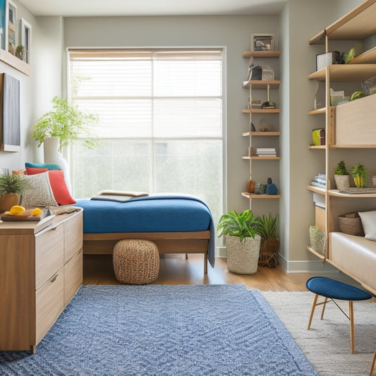 A clutter-free, modern apartment with a Murphy bed, storage ottoman, and woven baskets, showcasing a compact, organized space with a few colorful decorative items and plenty of natural light.