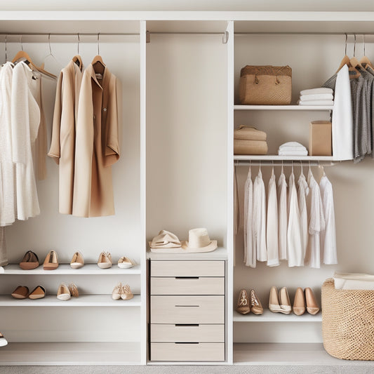 A serene, organized closet with soft, natural light, featuring a few, high-quality garments on wooden hangers, and a few pairs of shoes on a minimalist shelf, amidst a calming, creamy-white background.