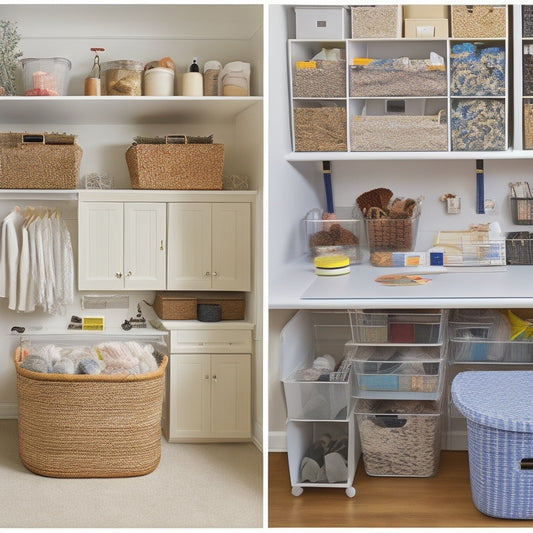 A before-and-after split-screen image: cluttered craft closet with tangled threads, overturned bins, and scattered supplies on the left, versus a tidy, organized space with labeled baskets, a pegboard, and a clean work surface on the right.