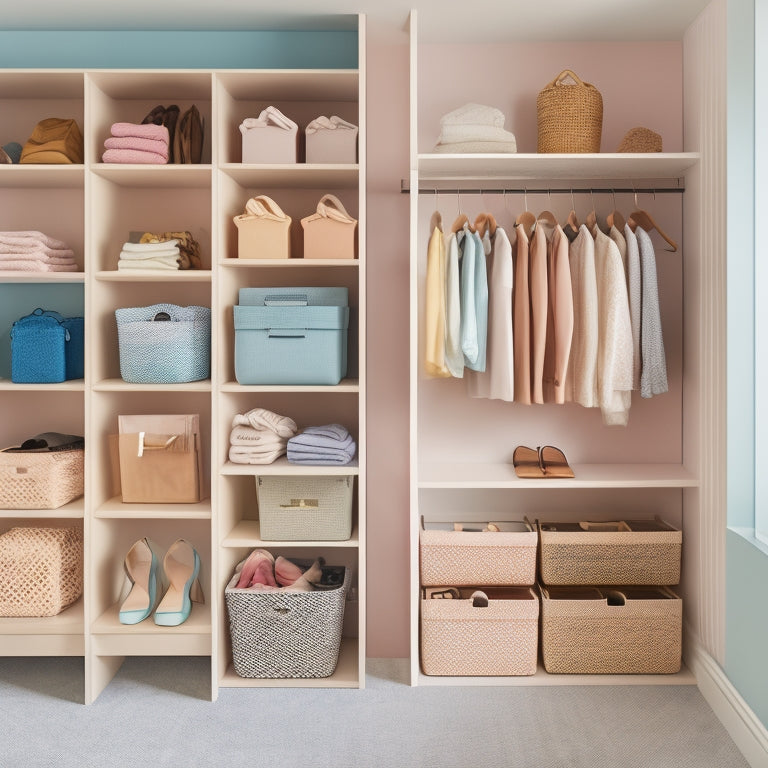 A serene, minimalist closet interior with pastel-hued storage bins, wooden shelves, and a few stylish garments, featuring a prominent basket with neatly arranged, colorful labels in varying shapes and sizes.