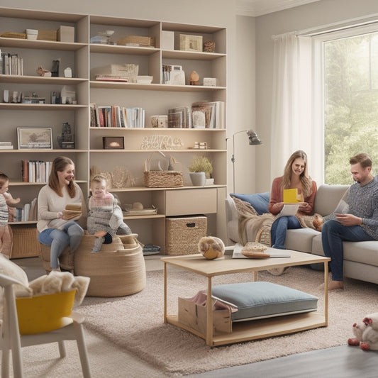 A clutter-free living room with a sleek, modular shelving unit, baskets, and bins in neutral tones, surrounded by happy family members engaging in various activities, with a few toys and books strewn about.