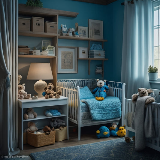 A serene, well-lit nursery with a crib, mobile, and changing table, surrounded by soft toys, books, and a few framed baby pictures, with a partially open door revealing a tidy, organized closet.