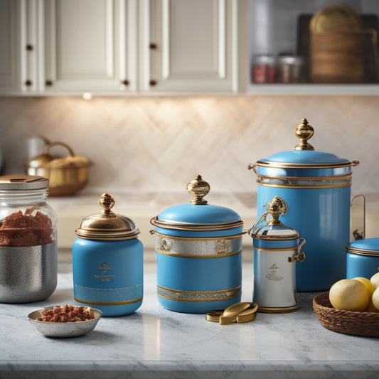 A beautifully styled kitchen counter with three canisters in varying sizes, adorned with elegant, custom-designed labels, surrounded by baking utensils and decorative accents.