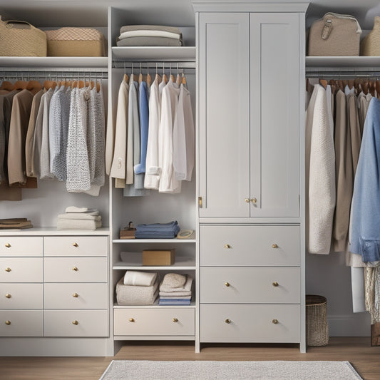 A serene, well-lit closet interior with a mix of open shelves, drawers, and hanging rods, featuring a rainbow of folded clothes, stylish storage bins, and a few elegant, minimalist accessories.