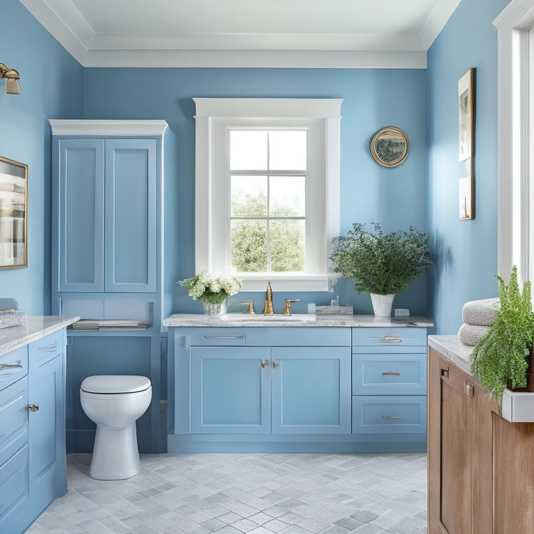 A serene, spa-inspired bathroom with a wall-mounted cabinet, a freestanding tub, and a spacious, clutter-free countertop featuring a few, carefully placed, decorative accents in calming shades of blue and white.