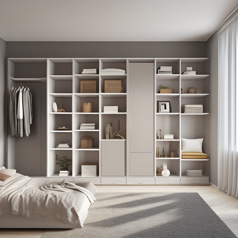 An illustration of a modern, minimalist bedroom with a sloping ceiling, featuring a custom closet system with asymmetrical shelves, curved rods, and bespoke storage units that seamlessly adapt to the angled space.