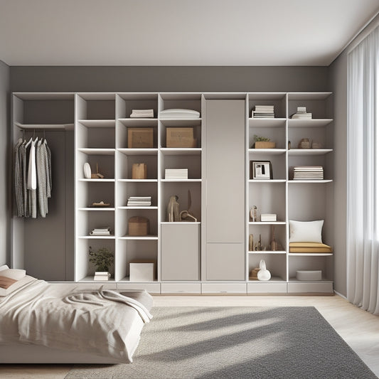 An illustration of a modern, minimalist bedroom with a sloping ceiling, featuring a custom closet system with asymmetrical shelves, curved rods, and bespoke storage units that seamlessly adapt to the angled space.