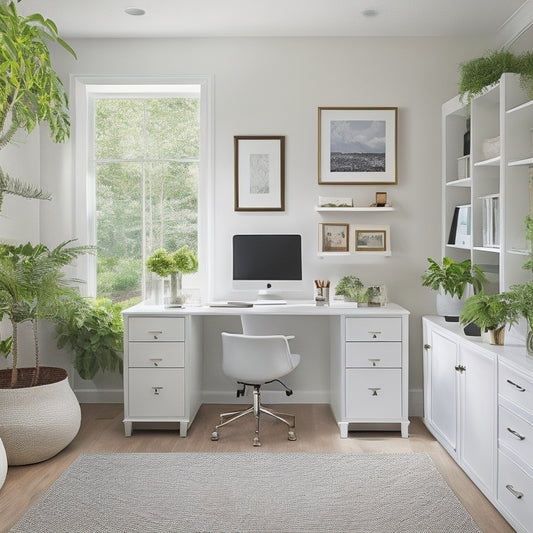 A serene, well-lit home office with a sleek, white California Closets system, featuring a built-in desk, shelves, and drawers, surrounded by lush green plants and a few framed art pieces.