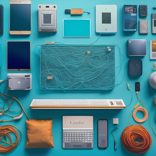 A minimalist digital background with a subtle grid pattern, featuring a stylized, simplified illustration of a person surrounded by scattered digital devices and messy cables, with a few items being swept away or organized into tidy piles.