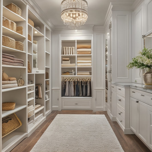 A serene, well-lit walk-in closet with sleek, floor-to-ceiling shelves, a built-in dresser, and a central island with a glass countertop, surrounded by plush carpeting and soft, warm lighting.