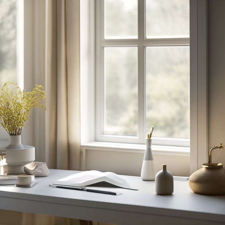 A serene, minimalist room with a few, carefully-placed decorative items, a tidy desk with a small, sleek organizer, and a subtle, natural light pouring in through a window.