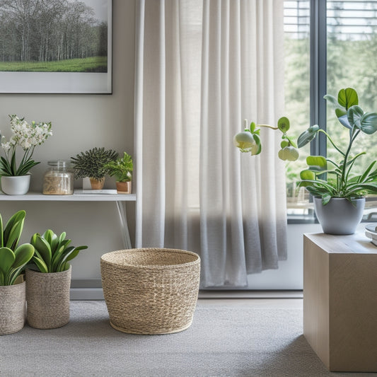 A serene and organized home interior with a tidy living room, a minimalist desk, and a clutter-free kitchen, featuring a few carefully placed storage baskets and a single, blooming orchid.
