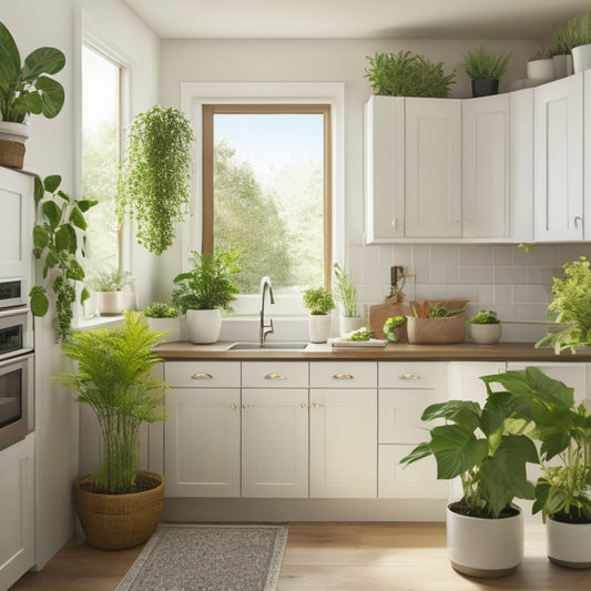 A bright, modern kitchen with sleek white cabinets, a curved countertop peninsula, and a built-in lazy Susan in the corner, surrounded by natural light and a few strategically placed potted plants.