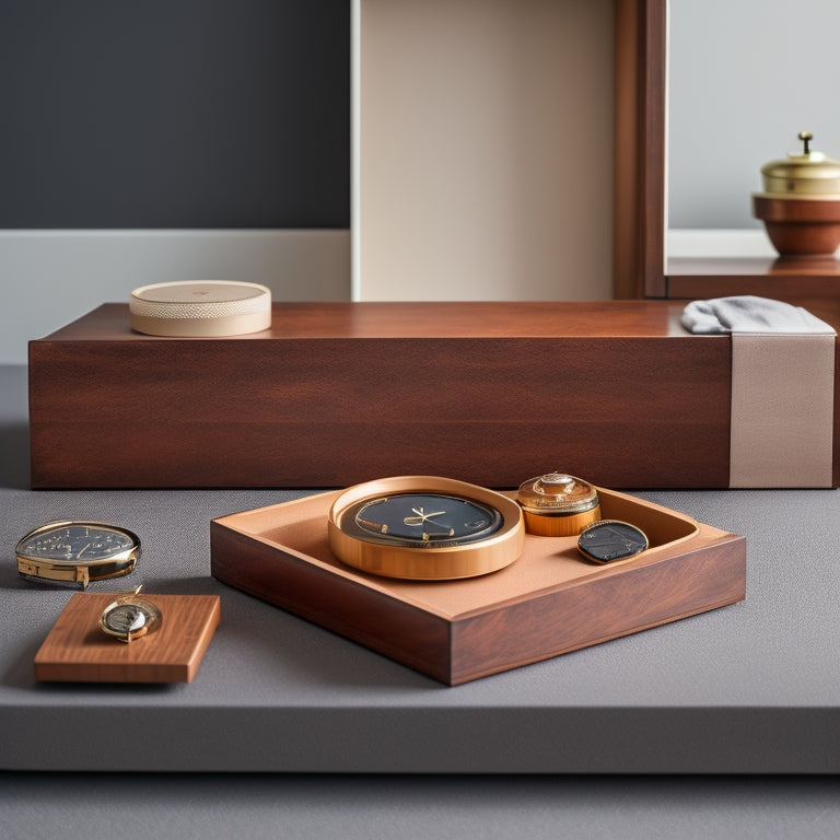 A minimalist, modern dresser top with a mix of leather and wooden watch storage boxes, rolls, and stands in various shapes and sizes, arranged artfully with a few elegant timepieces.