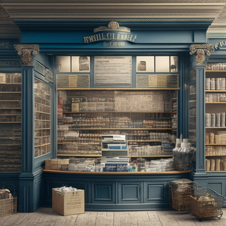 An intricate, layered illustration featuring a retail storefront with shelves, shopping bags, and a cash register, surrounded by swirling threads of tax forms, receipts, and exemption certificates.