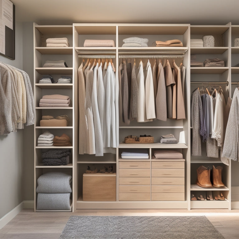 A serene, well-lit closet interior with organized shelves, double rods, and a built-in shoe rack, featuring a mix of folded clothes, hung garments, and stylish storage bins in earthy tones.