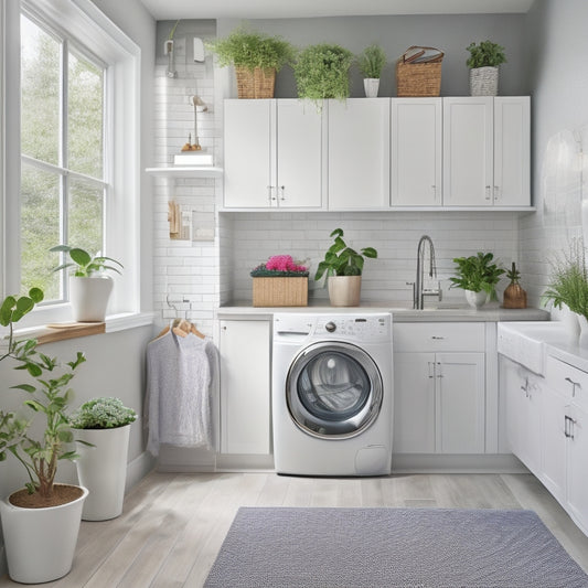 A bright, modern laundry room with sleek, white cabinets, a stainless steel washer and dryer, a fold-down ironing board, and a built-in shelf for storage baskets and a small potted plant.