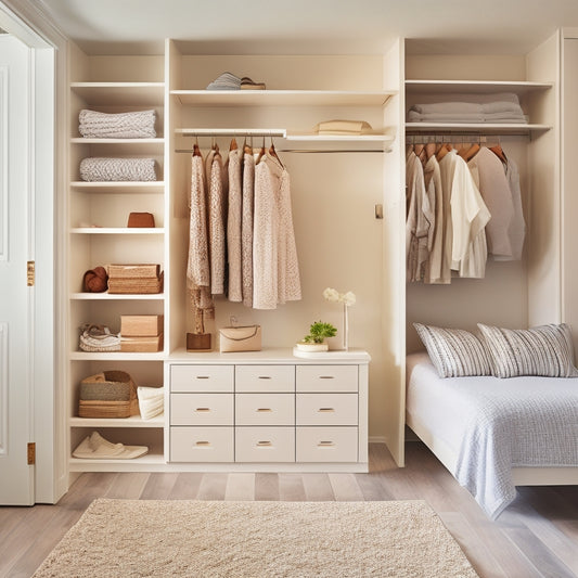 A serene, light-filled bedroom closet with sleek, white shelves, soft-close drawers, and a built-in bench, featuring a mix of folded and hanging clothes, and a few well-placed decorative accessories.