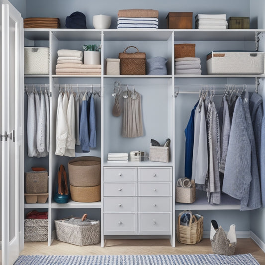 A tidy closet interior with five shelves, each featuring a different storage solution: baskets, bins, hanging rods, stackable drawers, and a pegboard with hooks and accessories.