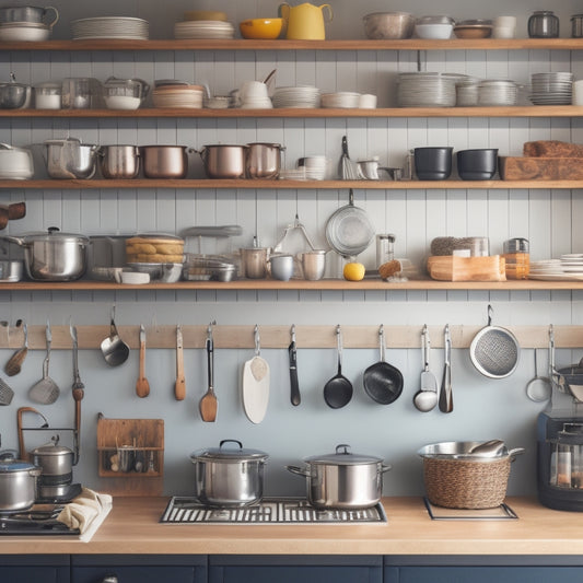 A cluttered compact kitchen with utensils and cookware overflowing from open cabinets, contrasted with a tidy, organized version featuring pull-out shelves, wall-mounted racks, and a pegboard.