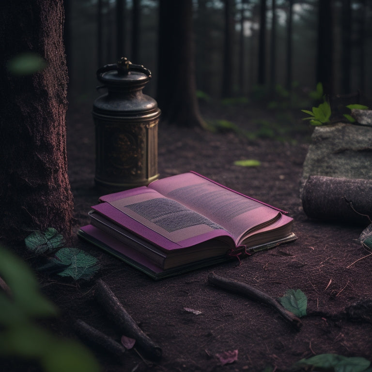 A dark, misty forest at dusk with a faint, eerie glow; a torn, pink journal lies open on the ground, surrounded by scattered, cryptic notes and a broken, antique locket.