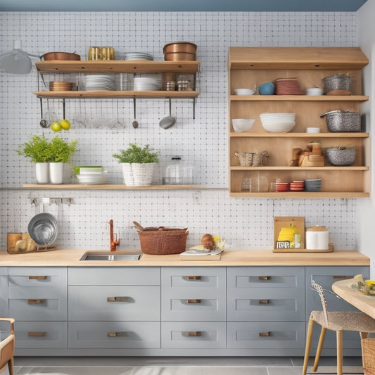 A tidy, L-shaped kitchen with sleek countertops, a single, wall-mounted shelf, and a few strategically placed baskets, hooks, and a pegboard, showcasing clever storage solutions in a compact space.