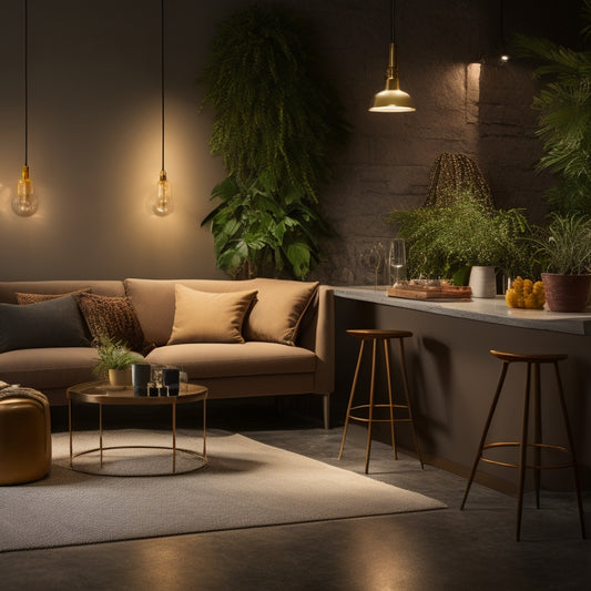 A bright, modern basement with polished concrete floors, warm beige walls, and a sleek, minimalist bar, surrounded by plush sofas and vibrant greenery, lit by soft, ambient string lights.