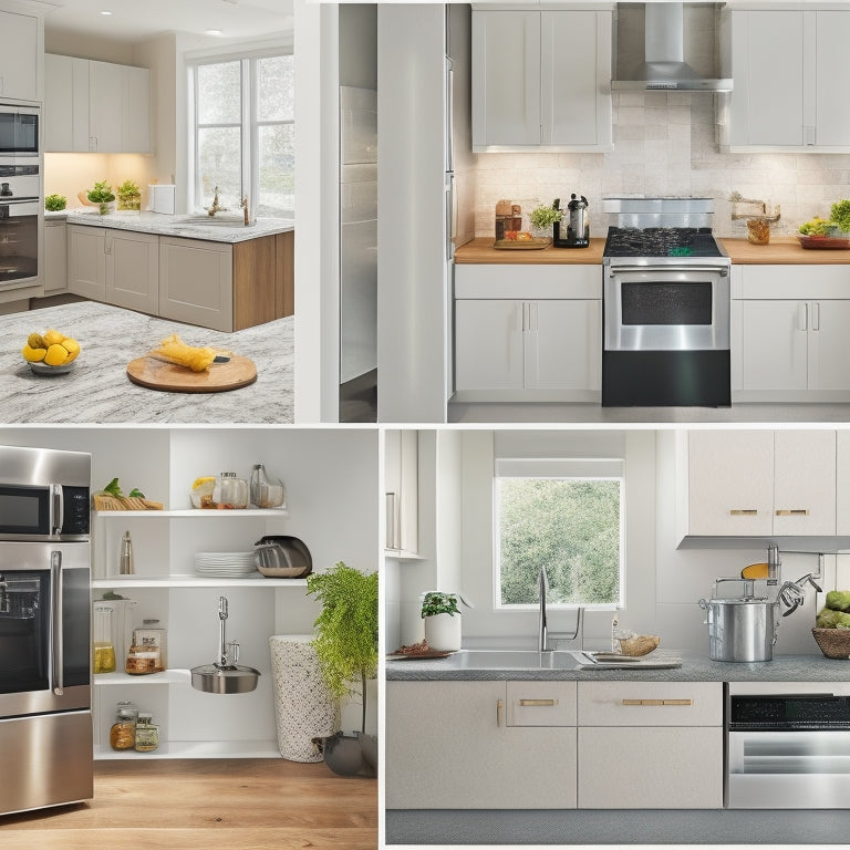 A bright, modern kitchen with various accessible devices: a touchless faucet, a wall-mounted pot filler, a pull-out pantry with easy-grip handles, and a cooktop with tactile controls.