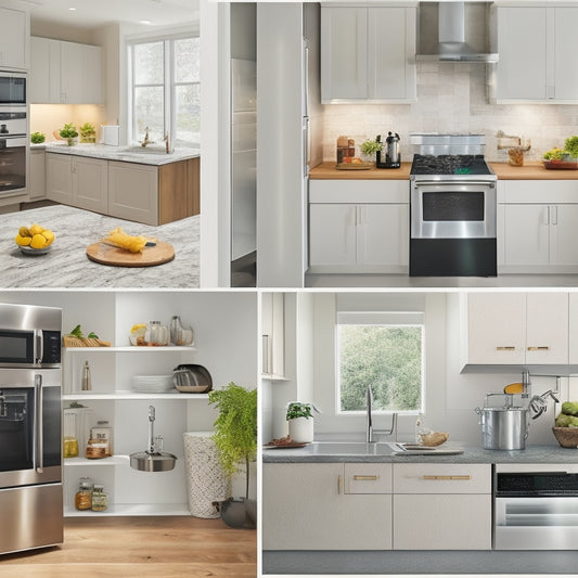 A bright, modern kitchen with various accessible devices: a touchless faucet, a wall-mounted pot filler, a pull-out pantry with easy-grip handles, and a cooktop with tactile controls.
