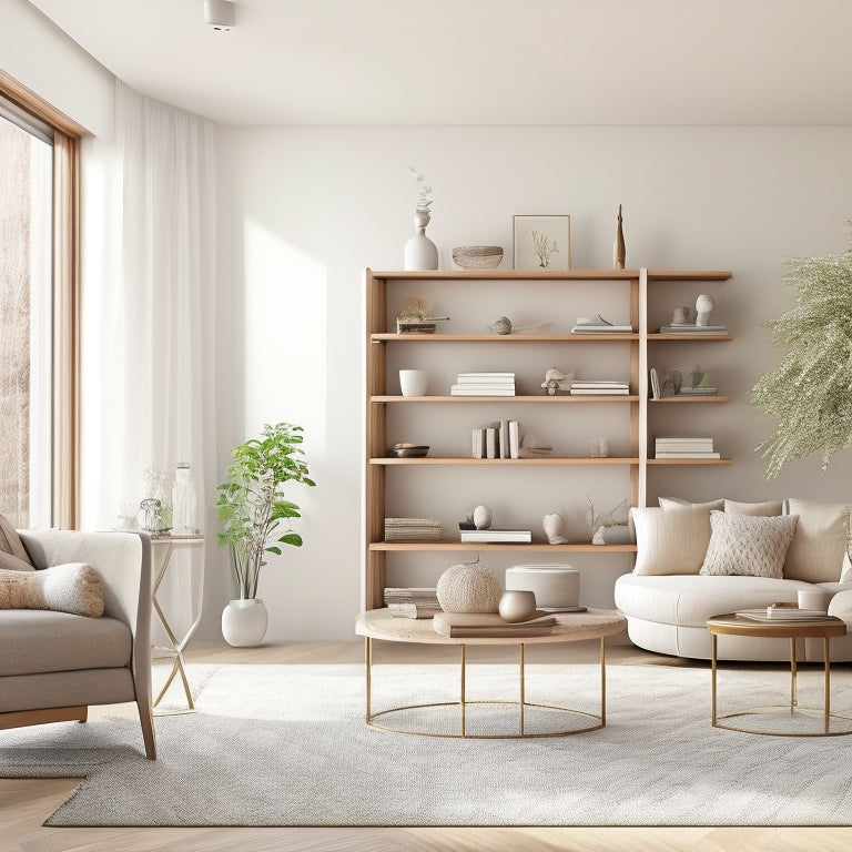 A serene, minimalist living room with a floor-to-ceiling corner shelving unit featuring 5-7 wooden or metal shelves, adorned with 10-12 decorative objects, such as vases, books, and sculptures, in warm, natural light.