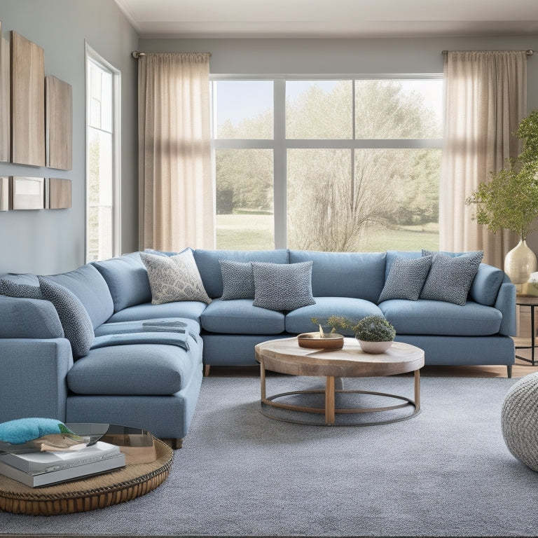 A serene living room with a plush sectional sofa in a soft gray hue, adorned with vibrant turquoise throw pillows, set against a backdrop of natural wood flooring and floor-to-ceiling windows.