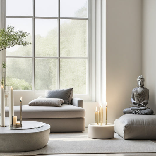 A serene, minimalist living room with a neutral color palette, featuring a meditation area with a Buddha statue, candles, and lush greenery surrounded by natural light pouring in through floor-to-ceiling windows.