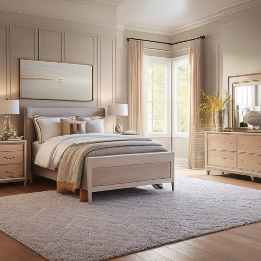 A serene, minimalist bedroom with a plush area rug, a sleek, low-profile storage bed frame, and a tall, slender dresser with ornate metal hardware, surrounded by soft, warm lighting.