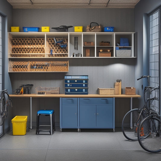 A well-lit, modern garage with sleek cabinets, slatwall panels, and a pegboard, featuring a mix of tools, bicycles, and storage bins, all neatly organized and labeled.