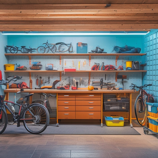 A well-lit, clutter-free garage with organized toolboxes, labeled storage bins, and a sleek workbench, featuring a pegboard with neatly arranged hooks and a few bicycles suspended from the ceiling.