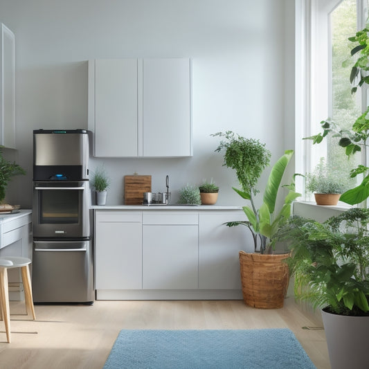 A serene, minimalist kitchen with sleek, space-saving appliances: a compact refrigerator, microwave, and toaster, all in stainless steel, surrounded by tidy, empty countertops and a few potted plants.