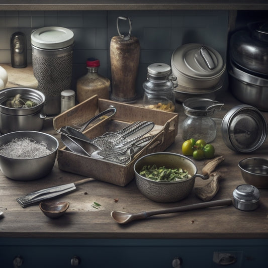 A cluttered kitchen drawer with tangled utensils, crumpled papers, and jumbled cookware, with a few items spilling out onto the countertop, surrounded by a faint outline of a organized drawer in the background.