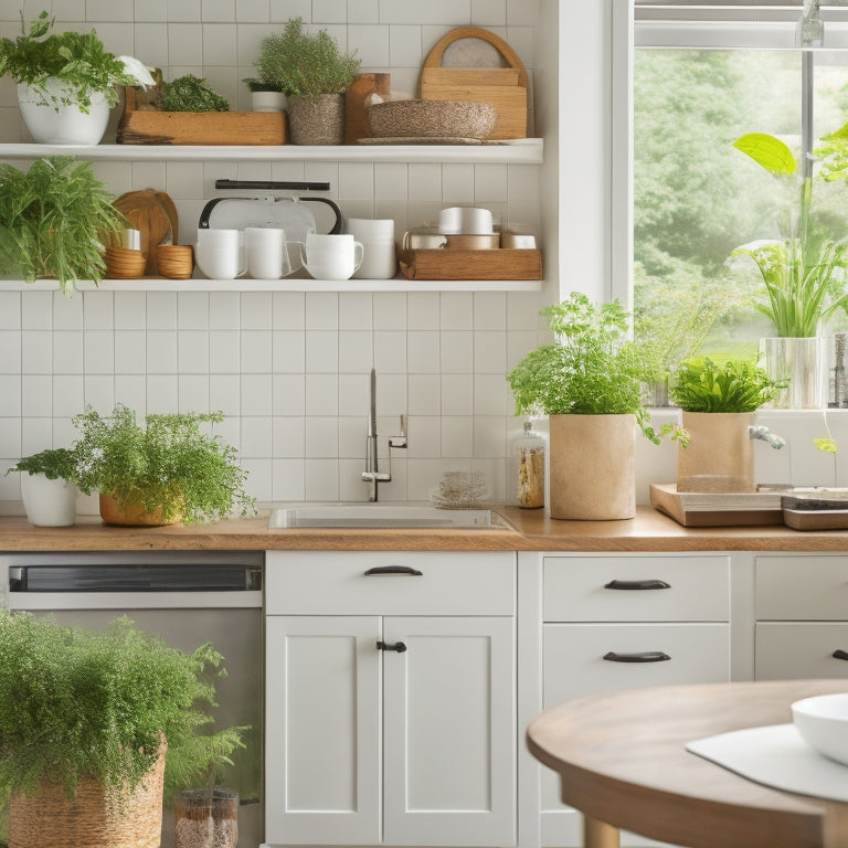 A bright, airy kitchen with a clutter-free countertop, featuring a few strategically-placed canisters, a sleek utensil organizer, and a small potted herb plant, surrounded by plenty of negative space.