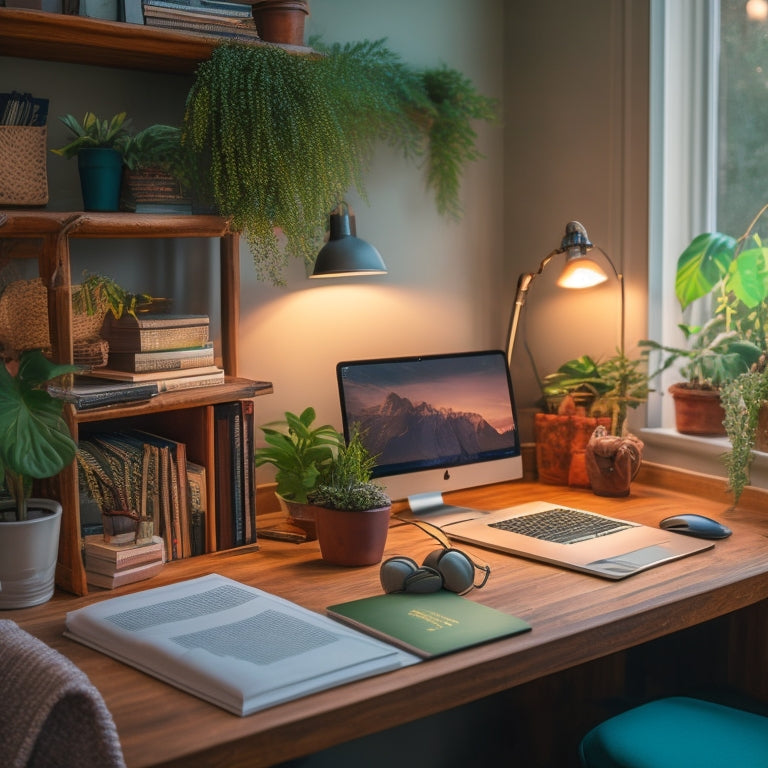 A cozy, clutter-free desk in a converted bedroom, with a laptop, headphones, and a few favorite books, surrounded by calming plants and a soft, warm lighting.