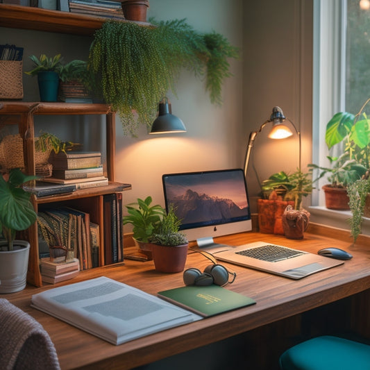A cozy, clutter-free desk in a converted bedroom, with a laptop, headphones, and a few favorite books, surrounded by calming plants and a soft, warm lighting.
