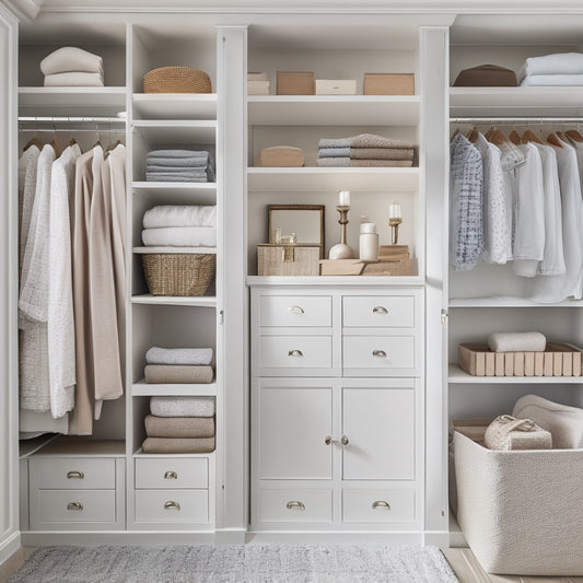 A serene, organized closet interior with soft, warm lighting, featuring a mix of open shelving and closed cabinets in a calming white and wood tone color scheme, with neatly arranged clothes and accessories.