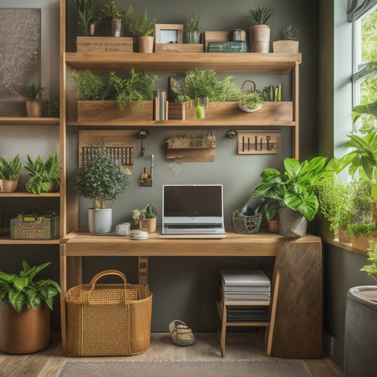 A tidy home office with a wooden desk, a pegboard on the wall with colorful bins and baskets, and a bookshelf with decorative storage boxes and a few potted plants.