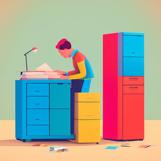 A minimalist illustration featuring a person effortlessly plucking a file from a color-coded, organized filing cabinet, surrounded by scattered papers and forgotten memories in the background.
