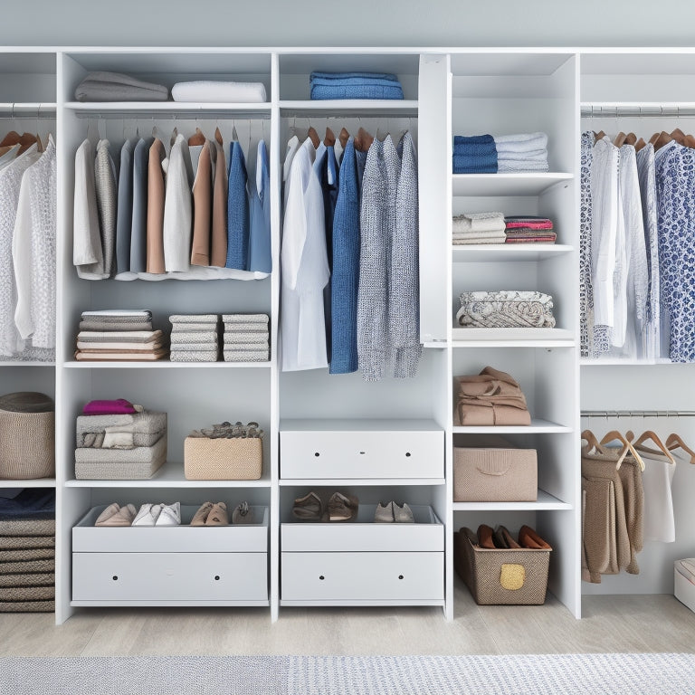 A clutter-free closet interior with three different storage bins having lids in varying sizes, arranged on shelves, and filled with folded clothes, shoes, and accessories, against a soft, white background.
