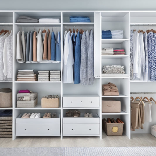 A clutter-free closet interior with three different storage bins having lids in varying sizes, arranged on shelves, and filled with folded clothes, shoes, and accessories, against a soft, white background.