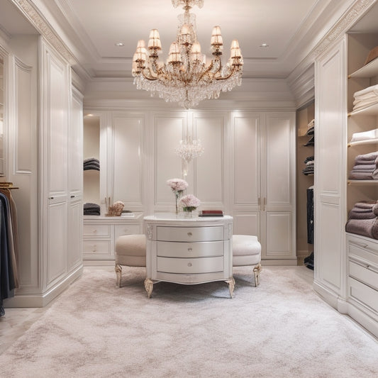 A serene, high-end closet interior with creamy marble floors, bespoke cabinetry in rich walnut, and a stunning crystal chandelier suspended above a plush, velvet-upholstered ottoman.