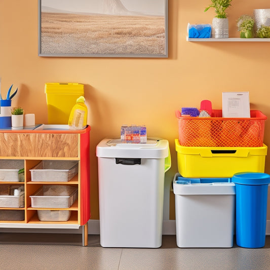 A colorful, organized, and modern recycling station in a home, featuring a sleek sorting system, clear bins, and a few carefully placed eco-friendly products, set against a bright and airy background.