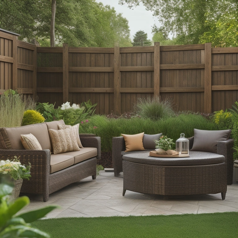 A serene backyard patio with a sleek, brown wicker storage bench, a matching ottoman, and a few potted plants, surrounded by a lush green lawn and a wooden fence.